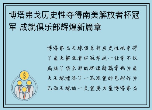 博塔弗戈历史性夺得南美解放者杯冠军 成就俱乐部辉煌新篇章